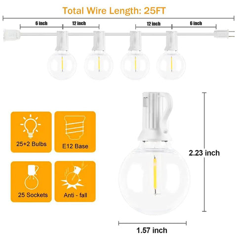 Diagram of 25Ft LED String Lights With 27 Shatterproof Clear Globe Bulbs Dimmable And Energy Efficient for indoor and outdoor use.