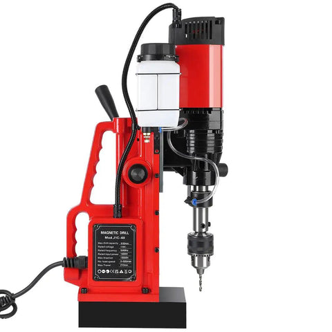 Heavy Duty Magnetic Drill Press With 1550 Watt Power And 500 Rpm Speed, red body, integrated cooling system, metal drilling tool.