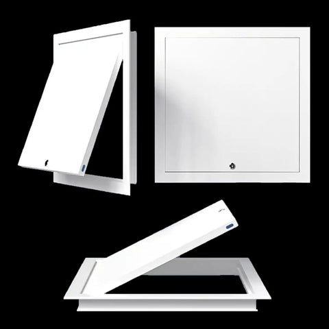 Heavy Duty Steel Access Panel Door, Lockable Reinforced Metal Frame With Spare Keys For Drywall Ceiling Attic Wall Mounts, Outdoor Kitchen Ready, Built Like A Tank, showcasing multiple angles.