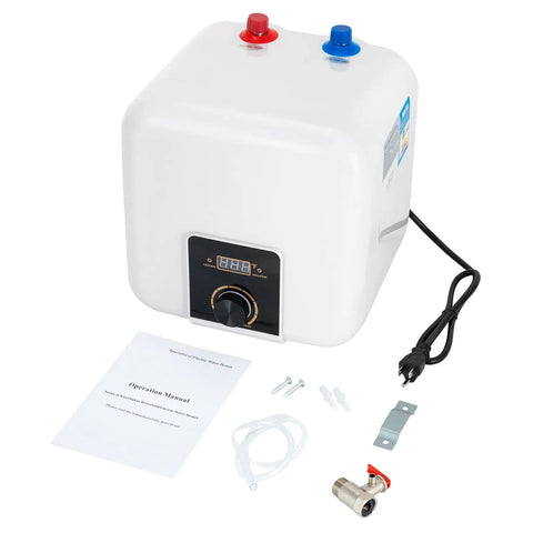 Compact 2.11 Gallon Electric Water Heater Delivering Kickin 1500W Heating And Instant Hot Water Mini Tank Storage for installation with manual and accessories.