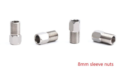 Hydraulic Disc Brake Service Kit With Sleeve Nuts Rubber Covers Brass Olives And Barbed Fittings For One Bike Installation Compatible With Shimano BH59 BH90 AVID SRAM And Magura Hose Pack Of Four Sets showing 8mm sleeve nuts