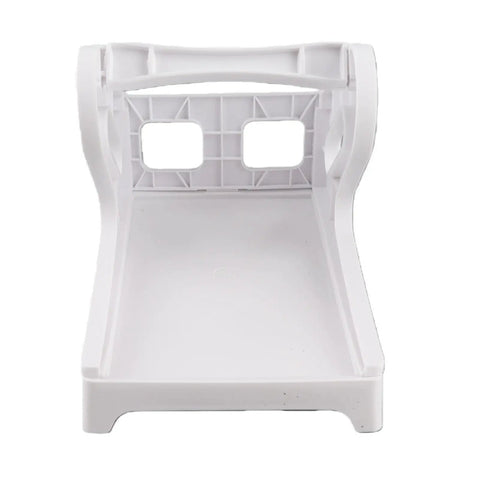 White plastic Thermal Printer Stand With Storage for 4x6 label rolls, removable bracket, holds shipping labels.