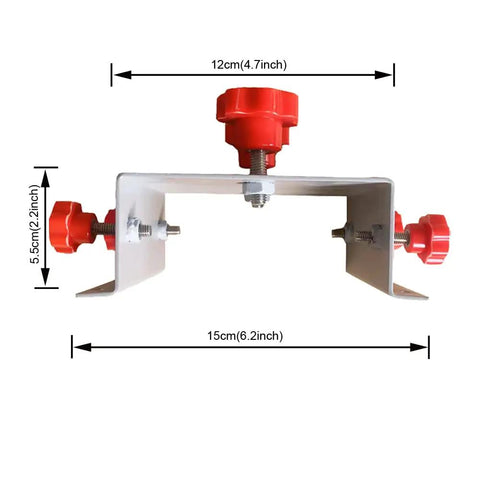 Silk Screen Printing Platen Bracket With Heavy Duty Steel Frame featuring red knobs and adjustable clamp, dimensions shown