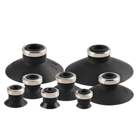 Heavy Duty Gray Ribbed Vacuum Suction Cup Nozzle For Pneumatic Manipulator Gripper Compatible With ZP 10 13 16 20 32 40 50 Series - set of nozzles in varying sizes.