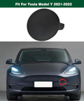 Slick Front Bumper Tow Hook Cover Towing Eye Cap Drop In Replacement Unpainted Aftermarket Hardware Tight Fit For Tesla Model Y 2021 2022 displayed with vehicle