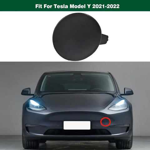 Slick Front Bumper Tow Hook Cover Towing Eye Cap Drop In Replacement Unpainted Aftermarket Hardware Tight Fit For Tesla Model Y 2021 2022 displayed with vehicle