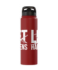 Red sailplane pilot insulated stainless steel water bottle with glider graphics for flight crew during thermal lifts and soaring