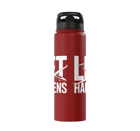 Red sailplane pilot insulated stainless steel water bottle with glider graphics for flight crew during thermal lifts and soaring