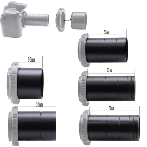 DSLR Macro And Astro Photography Extension Tube Kit T2 7 Piece Gear Set with various spacer lengths displayed with camera