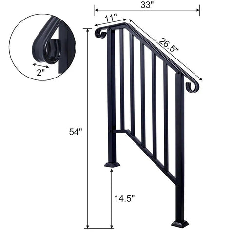 Badass Wrought Iron Handrail for 3 Step Outdoor Stairs Rustproof Heavy Duty Metal Safety Railing for Concrete Steps Porch Garden Commercial Grind Easy Mount dimensions 54x33 inch with matte black finish