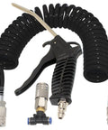 Heavy Duty Air Blow Gun Kit With 16 Ft Coiled Polyurethane Hose, nozzle, and connectors for pneumatic air duster tool.