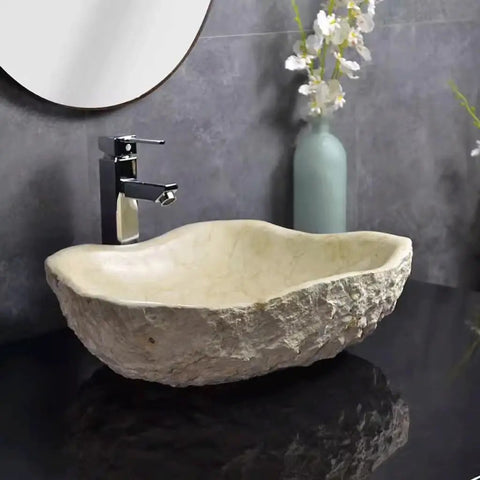 Top Shelf Stone Vessel Bathroom Sink Ideal For Countertops Or Patios Featuring A Slick Smooth Bowl Interior And Rugged Outside Look That Is A Serious Space Upgrader, displayed with faucet and decor.