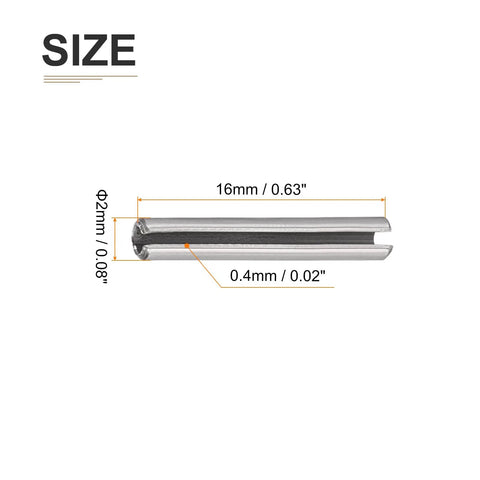 2mm x 16mm Slotted Spring Pin 50 Pack, Durable 304 Stainless Steel Silver Roll Dowel Fastener dimensions