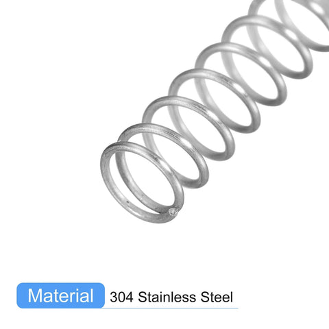 Five Pack 304 Stainless Steel Compression Springs, 4mm Outer Diameter, 0.2mm Wire, 50mm Free Length, Silver Tone, side view