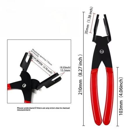 Heavy Duty Steel Fuel Line Pliers Designed For Tesla Cybertruck Engine Bay Work with red rubber handles and 210mm length.
