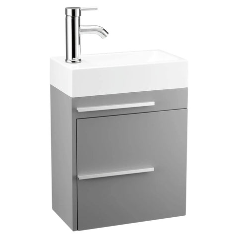 Compact 16 Inch Bathroom Vanity Sink Combo For Small Spaces Wall Mounted Cabinet Set With Chrome Faucet Pop Up Drain U Shape Drain.