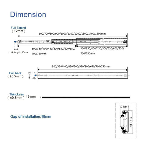 Dimensions of Heavy Duty Drawer Slides With Soft Close Full Extension Rails Three Fold Ball Bearing Tracks Locking Design