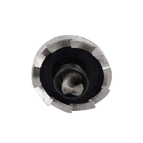 Close-up of Pro Grade 20mm HSS Hole Saw Cutter With 5mm Twist Drill Bit, 67mm Length, 13mm Cutting Depth, spring-loaded design.