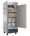 Pro Grade 23 Cubic Foot Commercial Reach In Refrigerator With Heavy Duty Stainless Steel Exterior, open door, internal shelving.