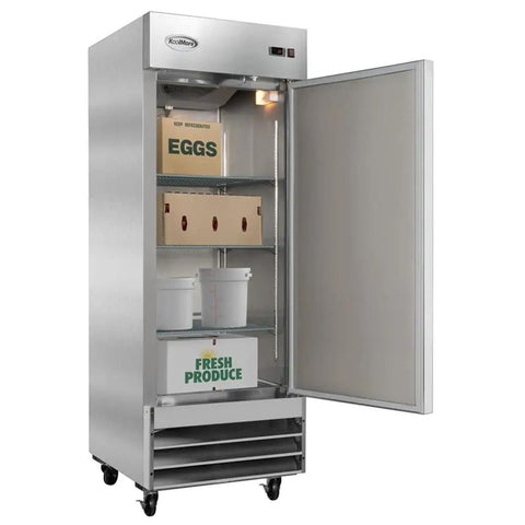 Pro Grade 23 Cubic Foot Commercial Reach In Refrigerator With Heavy Duty Stainless Steel Exterior, open door, internal shelving.