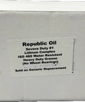Box labeled for Severe Duty #1 Lithium Complex Heavy Duty Grease, water resistant, by Republic Oil