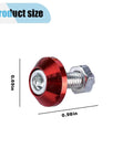 Heavy Duty Premium Red Aluminum Alloy Motorcycle License Plate Bolts 4 Piece Set size comparison showing 0.69 inch cap and 0.98 inch length.