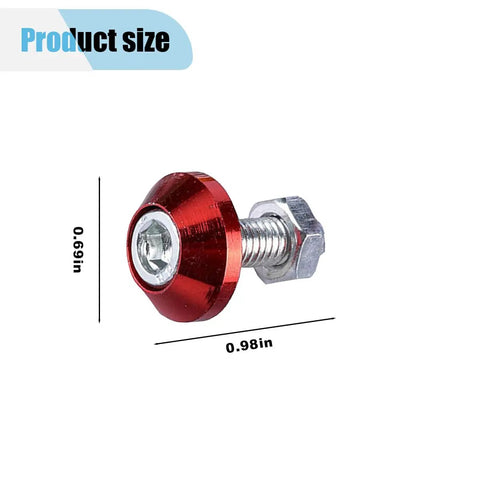 Heavy Duty Premium Red Aluminum Alloy Motorcycle License Plate Bolts 4 Piece Set size comparison showing 0.69 inch cap and 0.98 inch length.