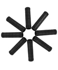 Four pairs of black non slip rubber mountain bike handlebar grips arranged in a star shape, soft touch rubber, 120mm long.