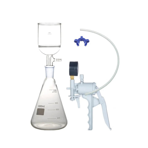 Suction Filtration Kit 1000ml With 250ml Buchner Funnel And 1L Glass Erlenmeyer Flask With Handle Vacuum Pump displayed.