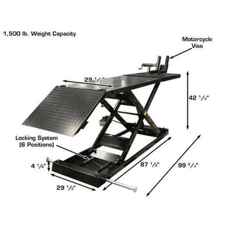 Hella Sturdy Hi Rise Motorcycle And Atv Lift With Slick Caster Wheels 1500 Lb Load Rating Air Powered Hydraulic Jack Anti Slip Diamond Grid Platform Easy Click Height Stops Garage Floor Must Have