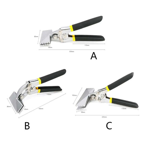 Sheet Metal Bending Pliers Hand Seamer with wide jaw and elbow, 80mm straight, 150mm dimension, ergonomic grip for metal work, three views.
