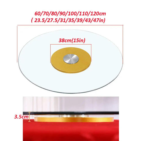 Circular Lazy Susan Turntable Plate For Dining Tables, 80cm glass rotating serving tray with 38cm base, side and top view