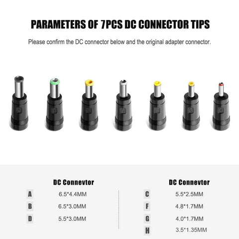 Image of 7 DC connector tips for 18V Universal AC Power Charger With 7 Tip Adapters, showing sizes 6.5x4.4mm to 3.5x1.35mm.