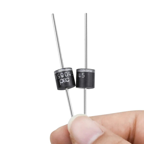 25 Pack 15SQ045 Schottky Diodes For High Current Rectification, 15 Amp 45 Volt Axial Silicon Diodes With Low Forward Voltage, Low Leakage And High Surge Capability, Ideal For Solar Panels, Charger Circuits, Power Supplies, shown held by hand