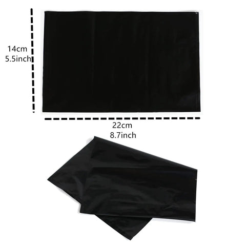Pack Of 100 Tear Resistant PE Tattoo Wash Bottle Sleeve Bags, 9.8 By 5.9 Inches, Quick Slip On Covers For Clean, Sanitary Ink Sessions, Prevent Slips And Spills, Easy Disposal After Use, black PE sleeves shown flat and folded