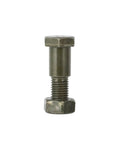 Metal bolt with hex nut against white background.