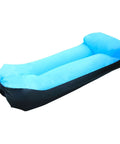 Portable blue inflatable lounger camping couch for adults and kids, air sofa chair, ideal for beach and outdoor use.