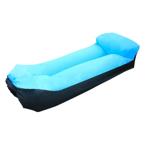 Portable blue inflatable lounger camping couch for adults and kids, air sofa chair, ideal for beach and outdoor use.
