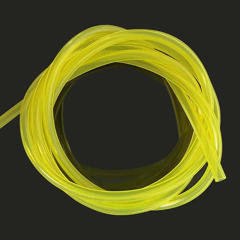 Coiled yellow hose from Four Size Fuel Line Hose Kit For Small Engines Four Feet Each Includes 0.080 By 0.140 Inch, 3/32 By 3/16 Inch, 1/8 By 3/16 Inch