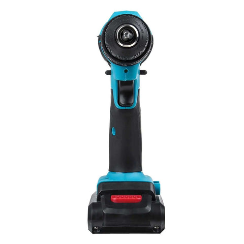 21V Lithium Ion Cordless Drill And Impact Driver Set With Variable Speed Trigger Beast Mode Power And Hella Tight Rubber Grip For Wood Brick Wall Metal Heavy Duty Job Sites front view of drill with rubber grip and battery.