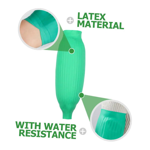 Super Tough Oil Resistant Latex Arm Sleeves Waterproof Heavy Work Oversleeve Grease Proof Cover in green latex with ribbed texture.