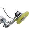 Precision Textile Length Measuring Sensor And Wheel Meter Counter With 300 Millimeter Perimeter One Thousand Ppr Rotary Encoder shown from side angle.