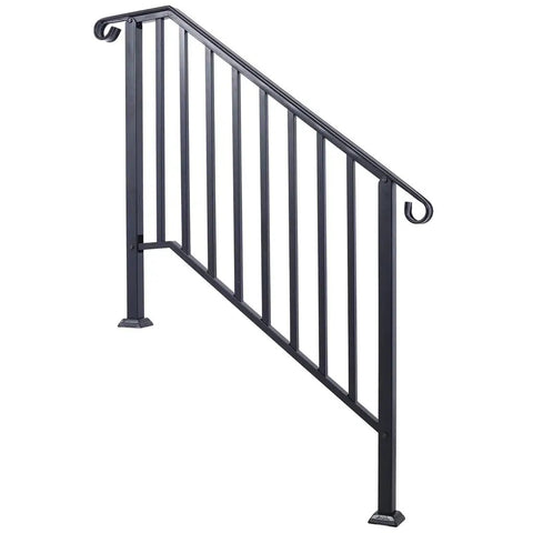 Heavy Duty Wrought Iron Handrail For Outdoor Steps Three Step Staircase, matte black, ideal for concrete installation, durable.