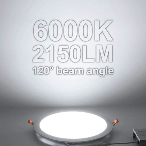 Slim 11 Inch Ultra Thin LED Recessed Light Kit With Junction Box 6000K Daylight 24W 110V Non Dimmable Canless Downlight 2150LM High CRI80 Four Pack Plus highlighting 120° beam angle and brightness.