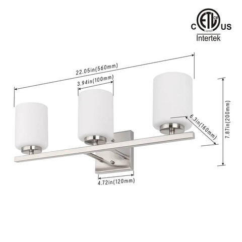 22 Inch 3 Light Modern Bathroom Vanity Light With Etched White Glass Shades In Brushed Nickel Finish ETL Listed Up Or Down Mount