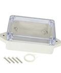 Image of a Rugged ABS Junction Box Project Enclosure Case Waterproof Dustproof With Transparent Clear Cover For Easy Cable Viewing Wall Mount Hole 83x58x33 mm 3.3x2.3x1.3 Inches Pack Of 3 with screws and sealant ring placed beside it.
