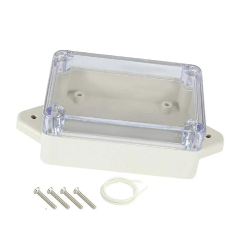 Image of a Rugged ABS Junction Box Project Enclosure Case Waterproof Dustproof With Transparent Clear Cover For Easy Cable Viewing Wall Mount Hole 83x58x33 mm 3.3x2.3x1.3 Inches Pack Of 3 with screws and sealant ring placed beside it.