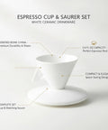 Classic White Bone China Espresso Cup And Saucer Set Designed For Your Daily Coffee Grind Holds 3.4 Ounces Of Precision Shots For Smooth Kitchen Vibes on a white background.