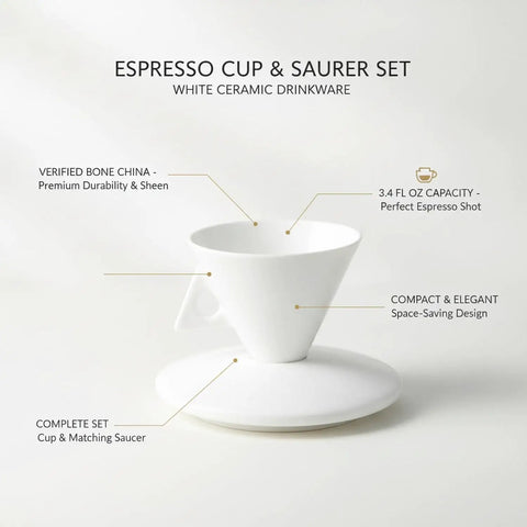 Classic White Bone China Espresso Cup And Saucer Set Designed For Your Daily Coffee Grind Holds 3.4 Ounces Of Precision Shots For Smooth Kitchen Vibes on a white background.