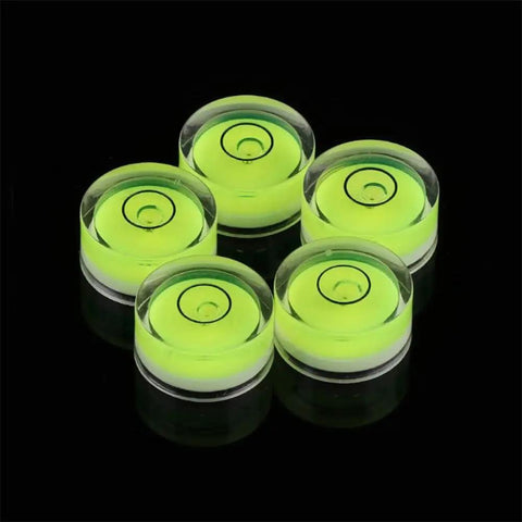 Round Bubble Level 5 Pack for spirit Level for bullseye for Acrylic, with five bright green bubble levels on a dark background.